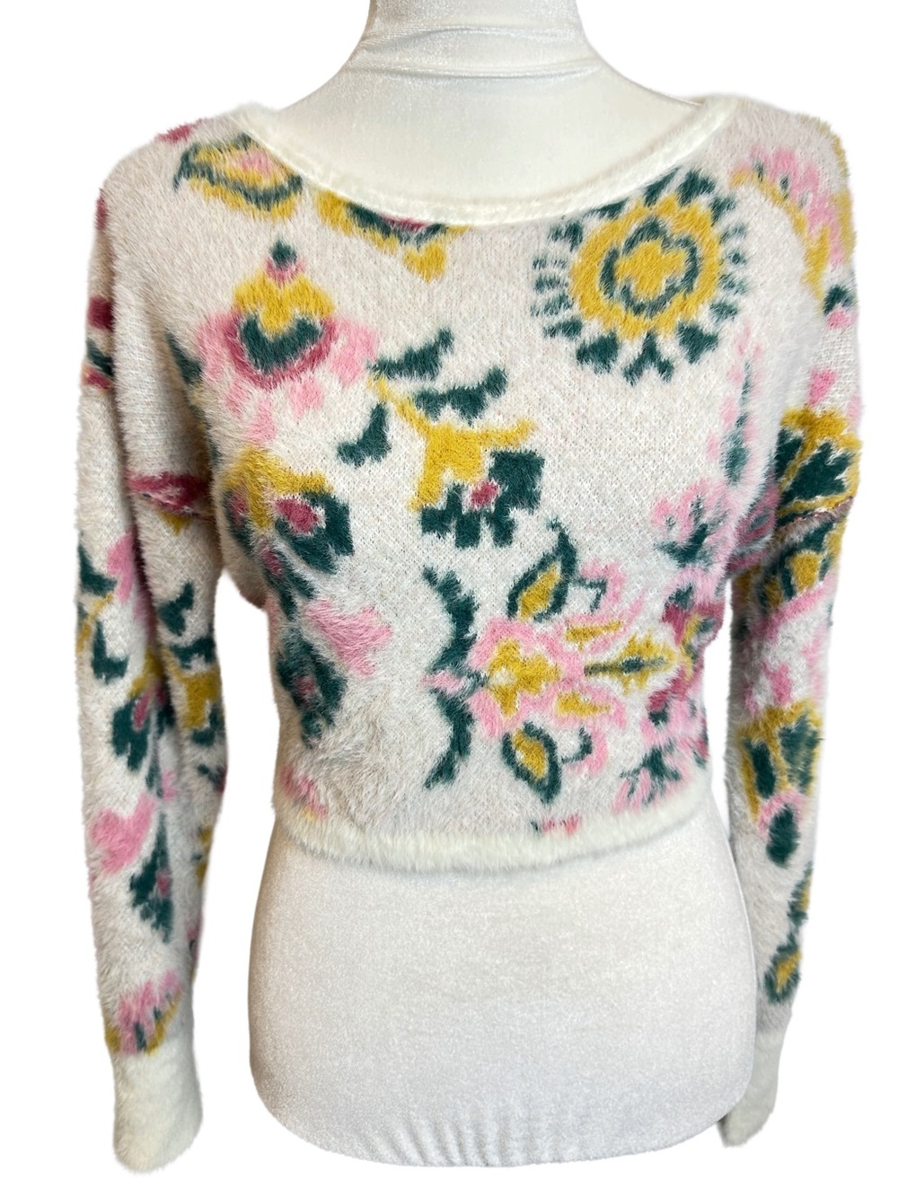 Anthropologie Daily Practice Fuzzy Floral Crewneck Cropped Sweater